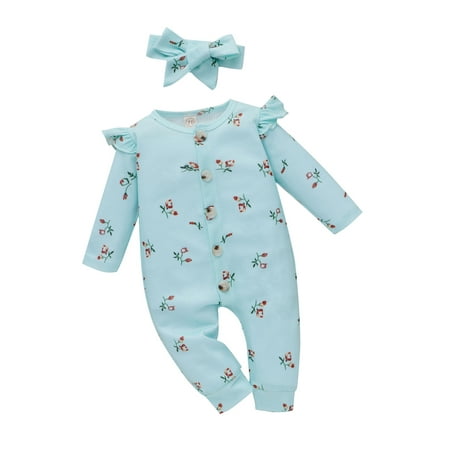 

Sunisery 2Pcs Newborn Baby Girl Floral Romper Long Sleeve Jumpsuit Bodysuit+Headband Outfits Clothes Blue 6-9 Months
