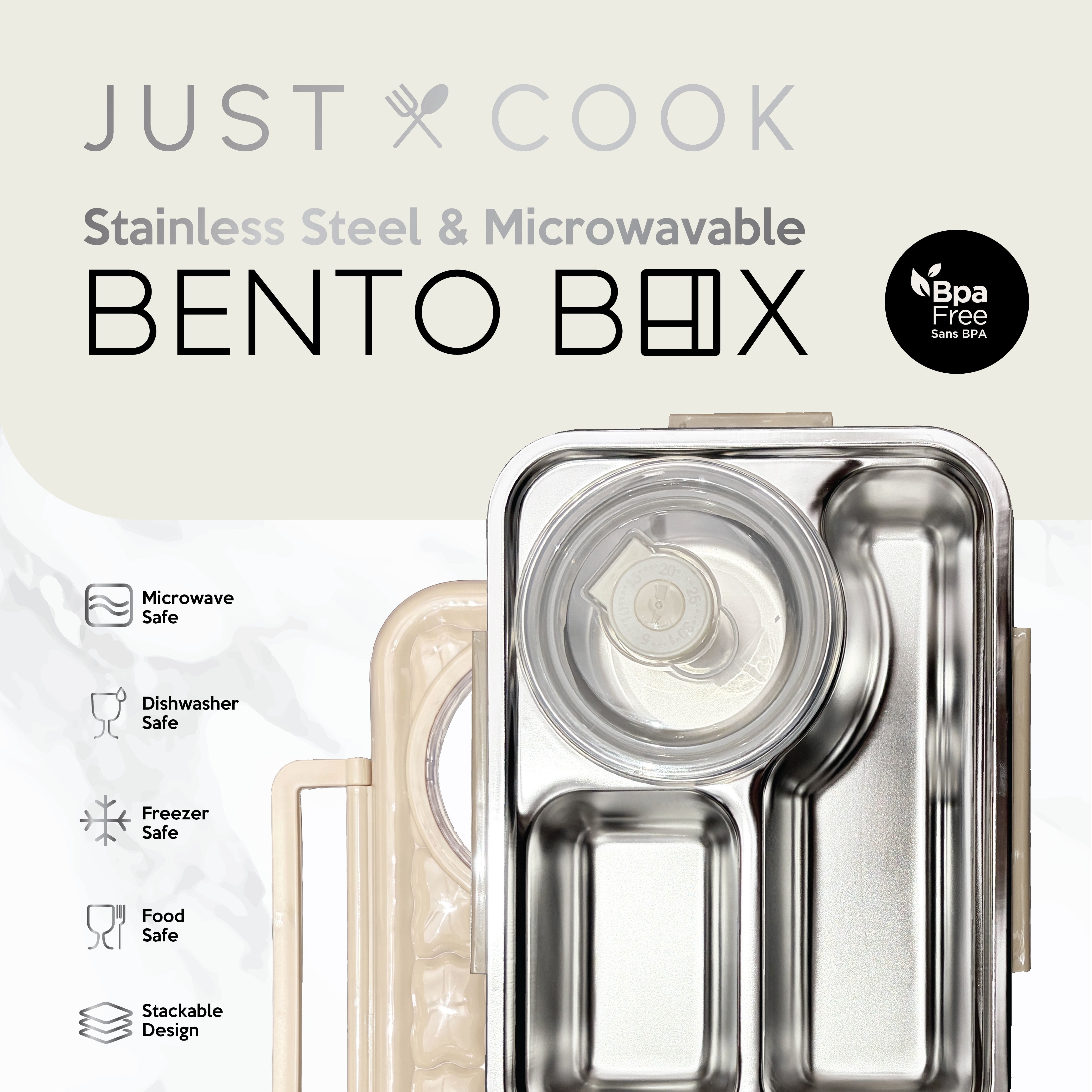 Just Cook Microwave Safe Stainless Steel Bento Box with Sauce Jar 1050 ml (Coconut Milk)