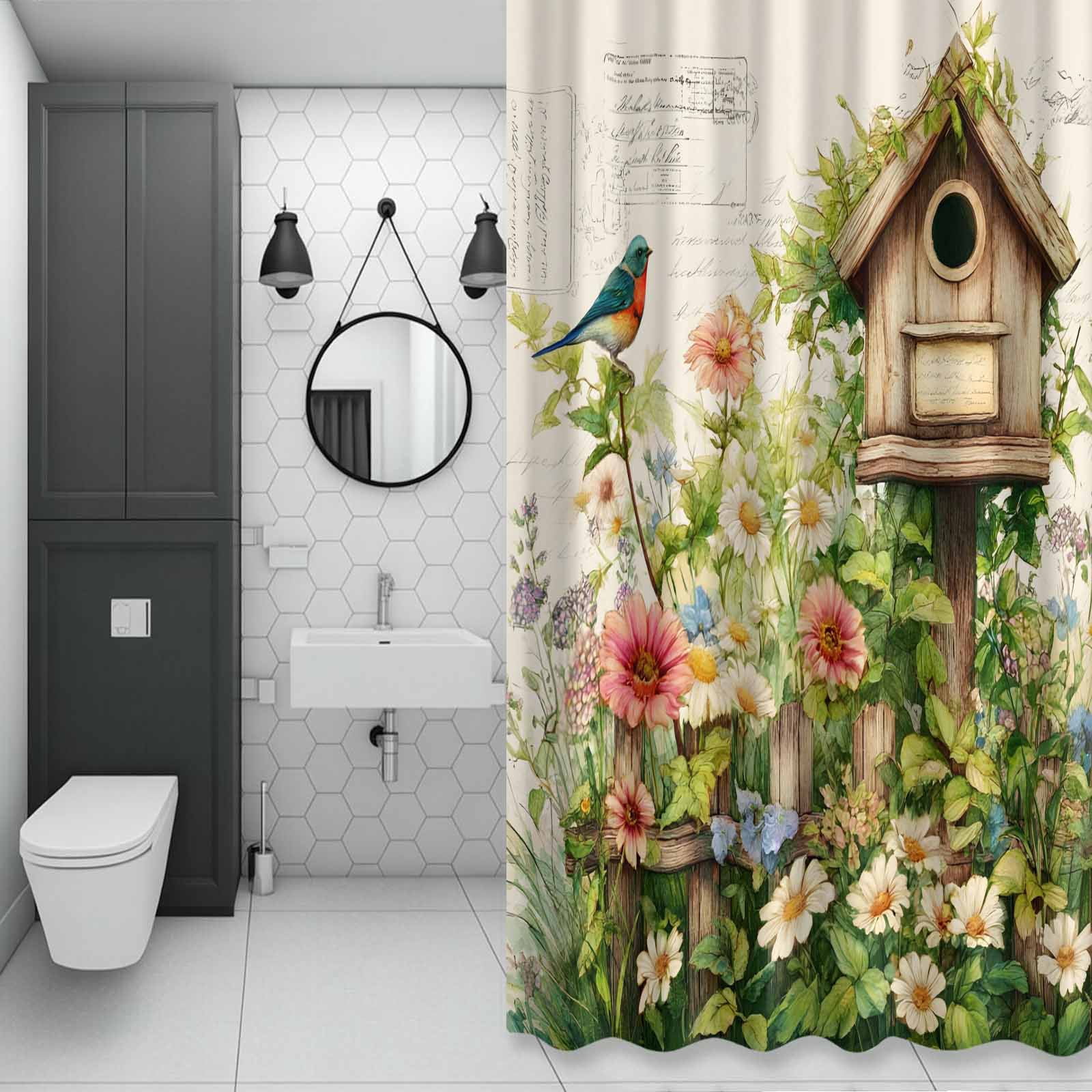 Spring Flowers Shower Curtain for Bathroom, Country Watercolor Bird House Fence White Floral Leaf Beige Waterproof Cloth Fabric Bathroom Accessories Set with 12 Rust Proof Plastic Hooks, 36"x78"