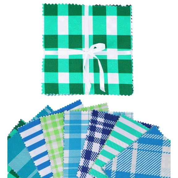 Soimoi Check Print Precut 5-inch Cotton Fabric Quilting Squares Charm Pack DIY Patchwork Sewing Craft- Navy Blue & Sea Green
