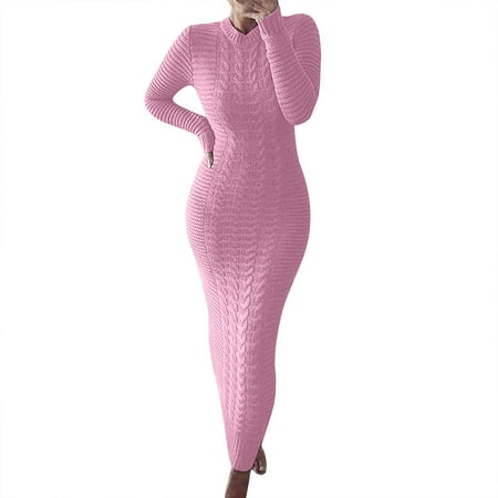JBXKXYW Dresses for Women 2024 Autumn and Winter Sweater Fashion Long Sleeved Woolen Dress Womens Dresses (Pink XL)