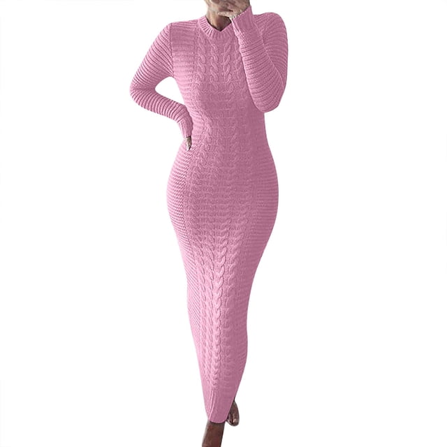 WTXUE Robe à Manches Longues, Robe Chandail d'Automne et d'Hiver à Manches Longues en Laine, Robe en Lin, Robe Rose pour Femmes, Rose m