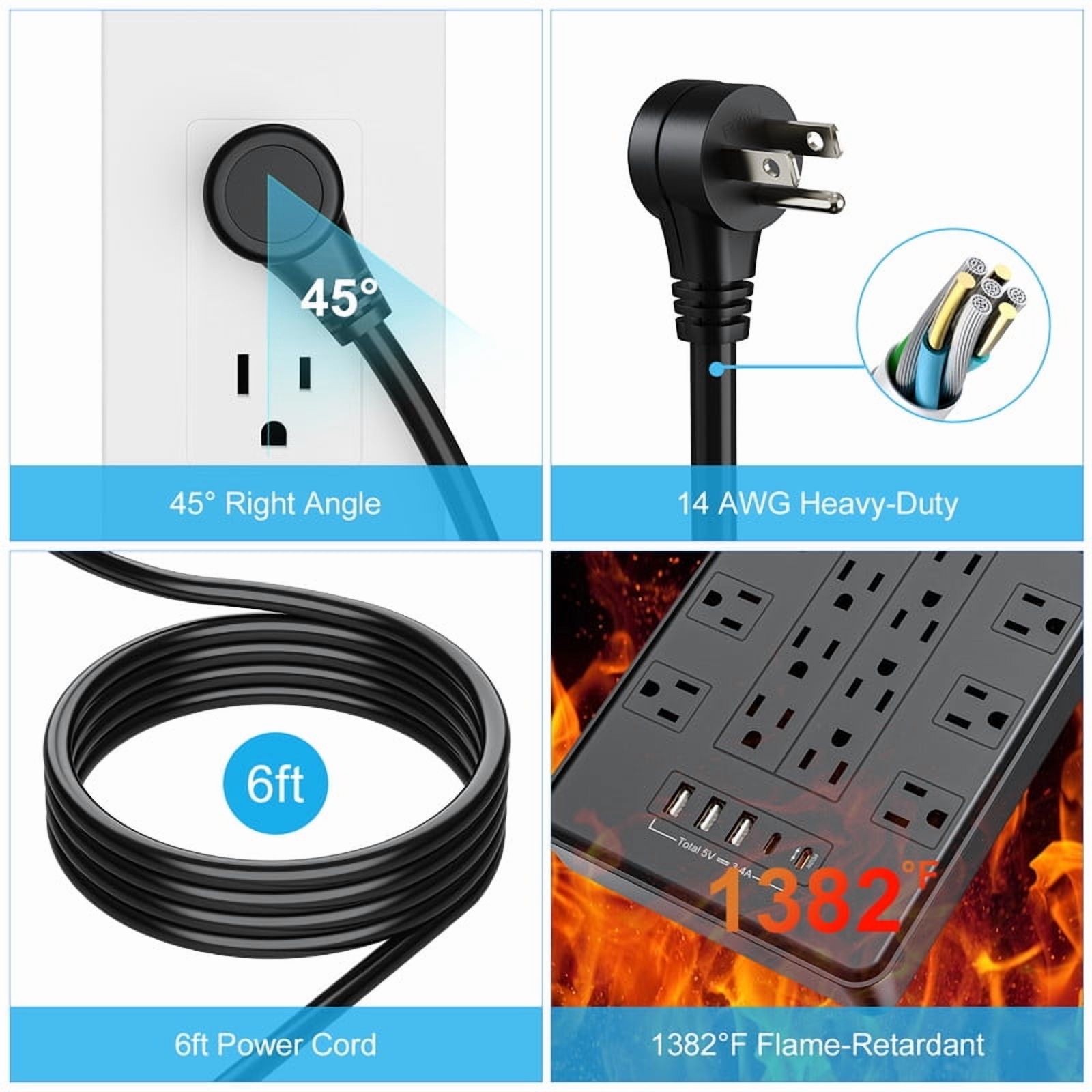 HITRENDS Power Bar, Flat Plug, 22 Outlets and 5 USB Ports, 2700 J, 6ft Extension Cord