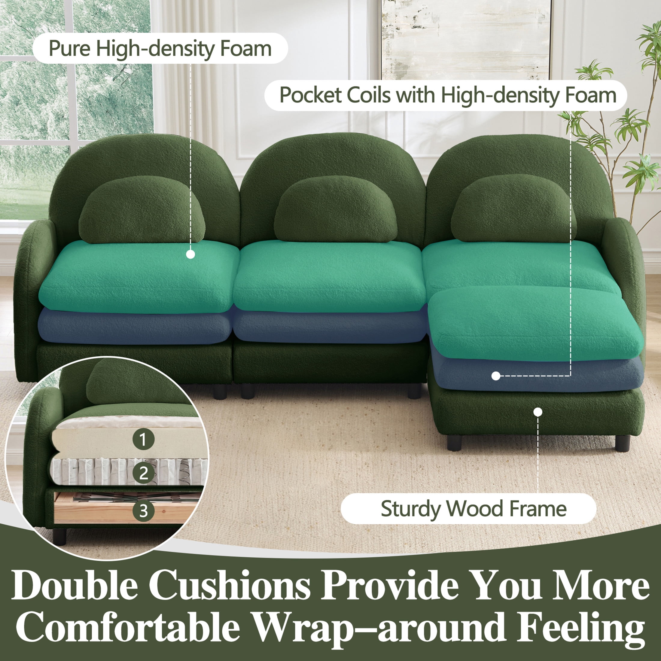 Noble House Windsor Teddy Fabric 4-Seater Sectional Sofa, Modular Cloud Couch with Ottoman and Lumbar Pillows, Green