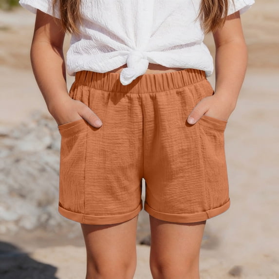 SUXIAN Girls Summer Shorts Casual Solid Color Loose Fit Warm-weather Bottoms Elastic Waist Playwear Soft Twill Pants Print Summer Shorts for Girls Orange_002 8-9 Years