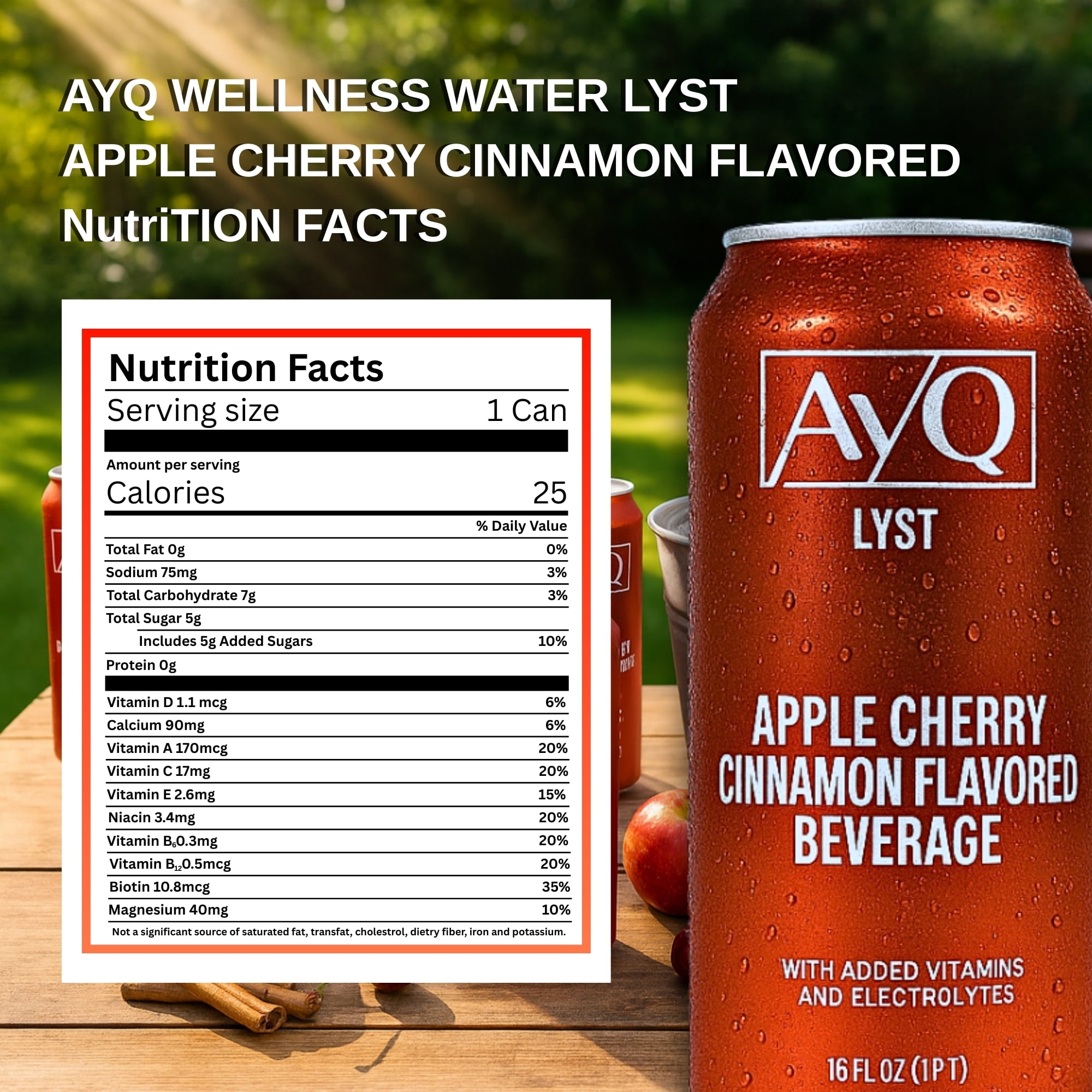 AYQ Beverages Apple Cherry Cinnamon Drink, Flavoured Fruit Beverage for Hydration, Added Vitamins with BCAA, Electrolytes, Vegetarian & Gluten Free, Ready to Drink, 473 mL Cans, 12-Pack