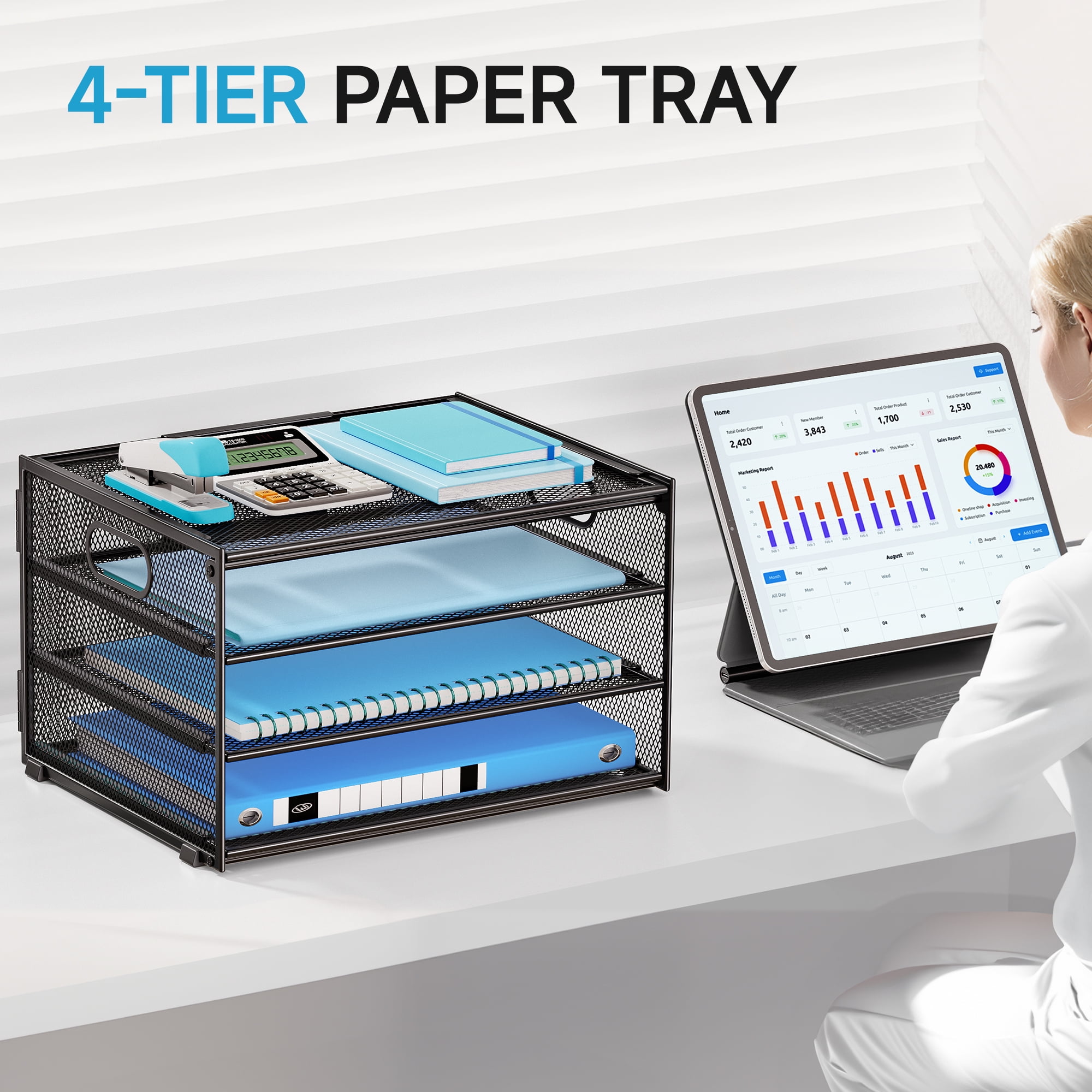 Marbrasse Paper Organizer for Desk, 4-Tier Desk Organizer Tray, Mesh Desktop File Organizers with Handle, Office Classroom Organization and Storage-Black