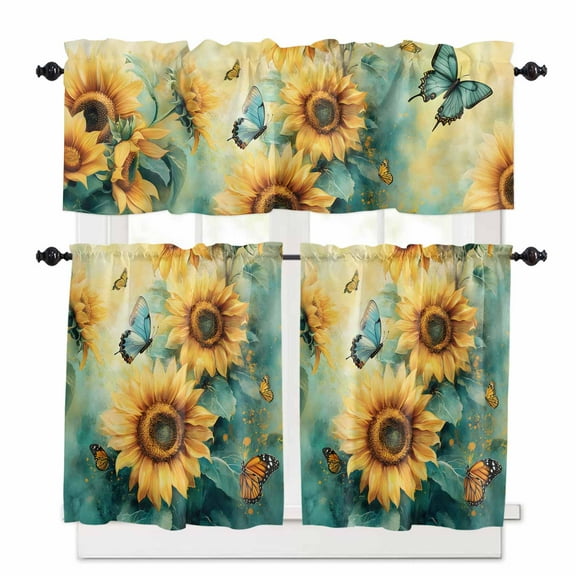 Sunflower Butterfly Kitchen Curtains Valances and Tiers Set of 3, 36 Inch Length Tier Curtains and Valance Rod Pocket Valance Curtains Set for Kitchen Bathroom Small Windows