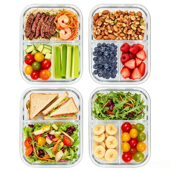 Sindcom 4 Pack 33oz Glass Food Storage Containers with Compartments, Meal Prep Bento Boxes, for Microwave, Oven, Freezer, Gray