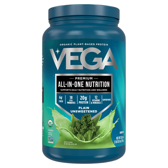 Vega Organic All-in-One Shake Plant Based Protein Powder, Unsweetened, 20 Servings (26.9oz)