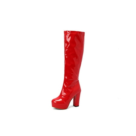 

Difumos Womens Fashion Round Toe High Heeled Boot Sexy Chunky Heel Knee Platform Boots Work Anti Slip Shoes Red 7.5