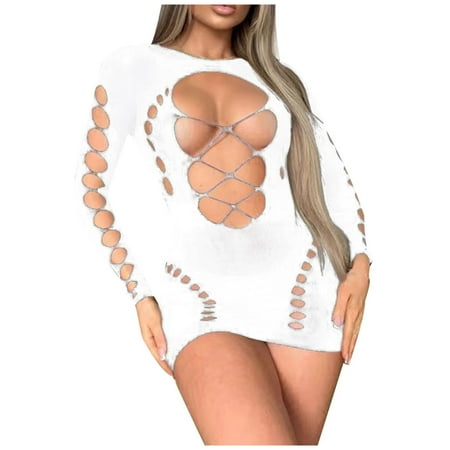 Savings Clearance RbCulf Womens Fishnet Backless Mini Dresses Sexy Lace Long Sleeves Lingerie Cutout Mesh Bodycon Dress Charming Wrap Chemise Erotic Costume