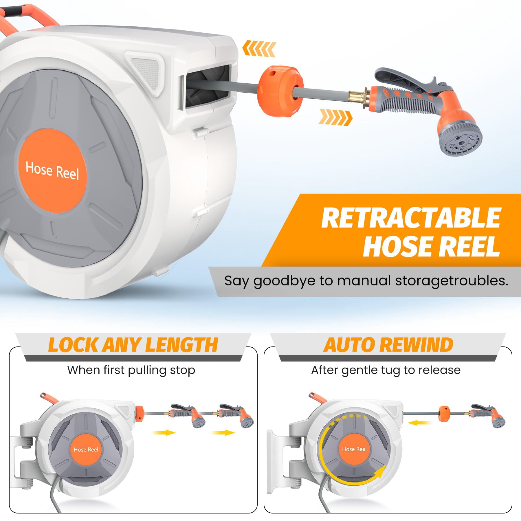 Retractable Garden Hose Reel 1/2 in x 130 ft - Wall Mounted, Heavy Duty UV Resistant - Automatic Rewind & Slow Return, Any-Length Lock, 180° Swivel Bracket, 9-Function Sprayer Nozzle
