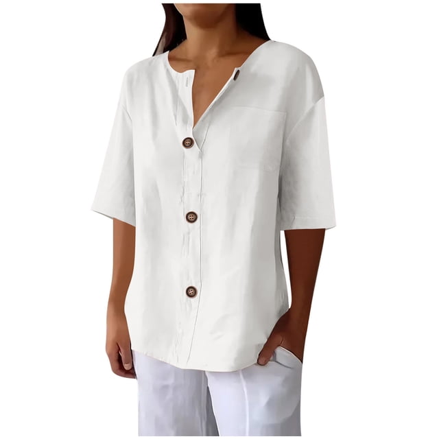 Vestidos Casuales Para Mujer, Blusas De Mujer De Moda Camiseta de lino con cuello y botones para mujer, informal, de manga larga, para el hogar