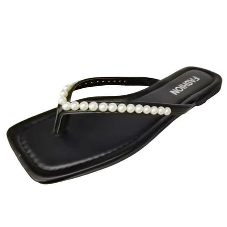 

Youmylove Women Fashion Solid Color Simple Casual Pearl Clip Toe Flat Bottom Large Size Sandals Slippers Summer Comfy Beach Outdoor Walking Footwear