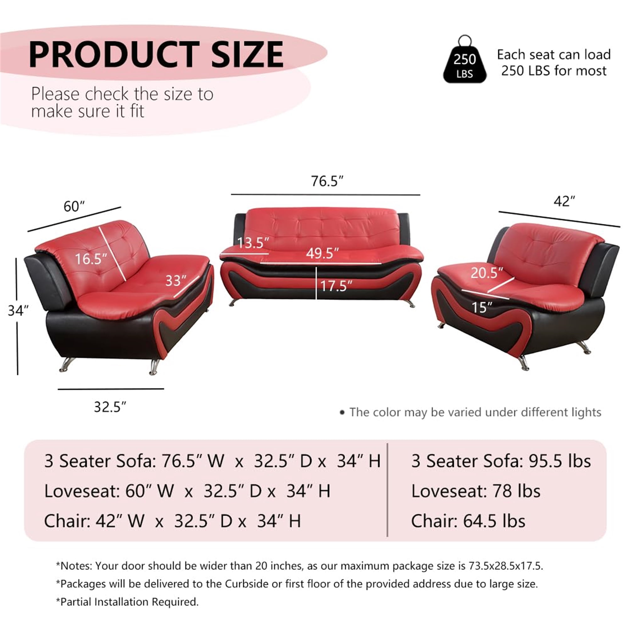 Aukfa 76.5" Upholstered 3 Seat Sofa Couch for Living Room, Leather, Tufted Back, Black&Red