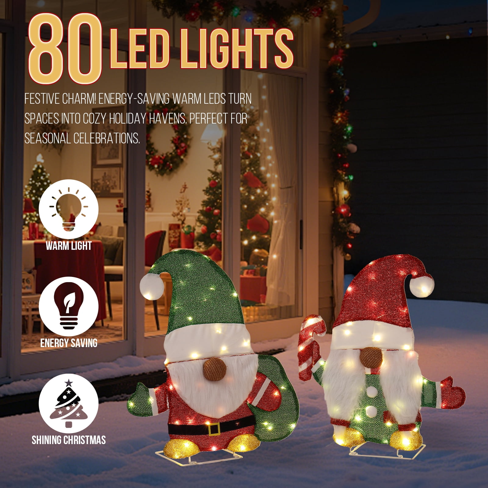 Astoutdoor Set of 2 Lighted Christmas Gnome Decorations, Pre-lit 2D Holiday Display with 80 Warm White LED Lights, Indoor Outdoor, White
