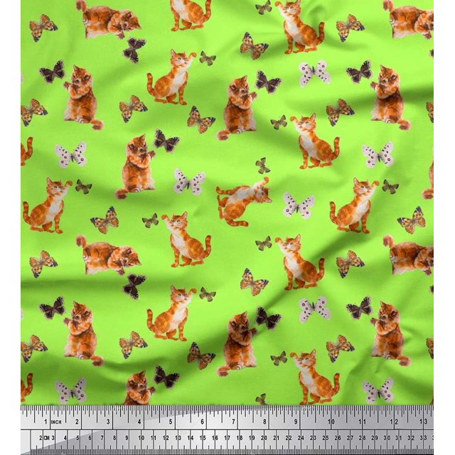 Soimoi Green polyester Crepe Fabric Insect & Cat Animal Print Fabric by The Yard 42 Inch Wide