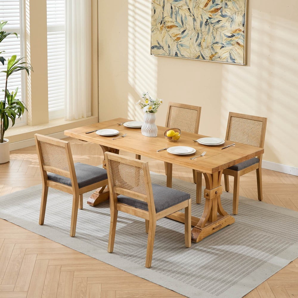 Rattan Dining Chairs Set of 2, Farmhouse Mid Century Modern Kitchen Chairs with Cane Backrest, Linen Upholstered Seat, Solid Wood Frame, Gray