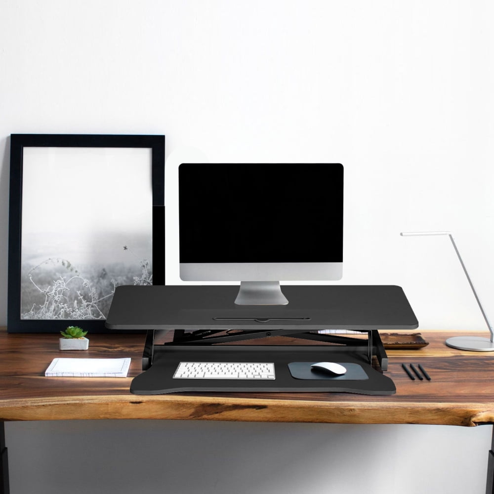 Height Adjustable 32 inch Stand Up Desk Converter, Quick Sit to Stand Tabletop Monitor Riser Workstation, Black