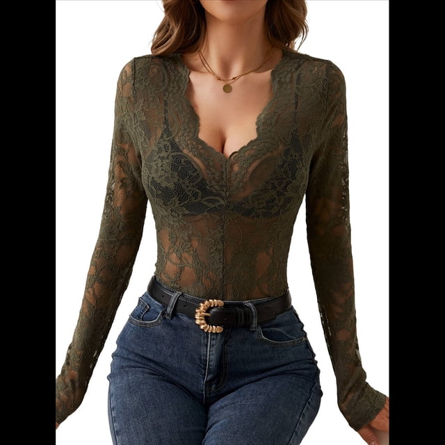 Blusa de de Encaje para Mujer, Larga, Cuello en V, Transparente, con Encaje Floral. Verde L