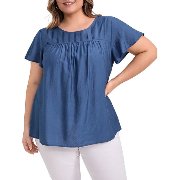 GRACE & GRANDEUR Blusas de Talla Grande para Mujeres con Textura Plisada y Volantes, Manga Corta, Cuello Redondo, Tops Casuales 2X Azul Oscuro