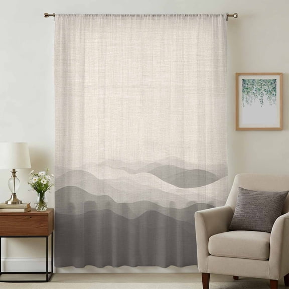Grey Beige Ombre Sheer Curtains 96 Inches Long, Minimalist Ocean Waves Linen Light Filering Curtains, Privacy Drapes Simi Floor to Veiling Curtain for Living Room Bedroom Large Window Treatment