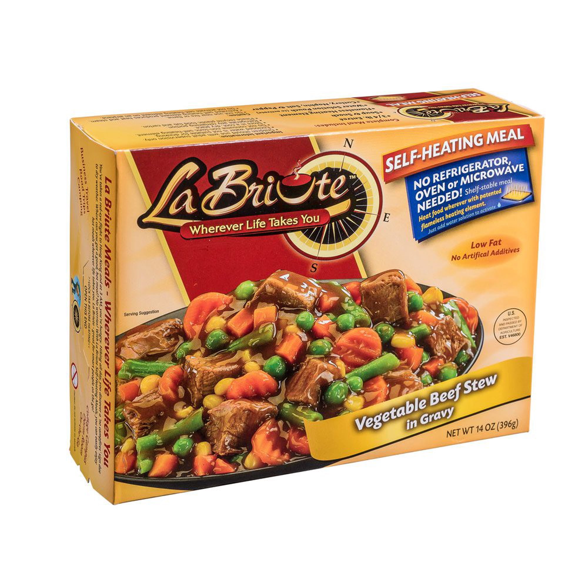 LaBriute Meals Vegetable Beef Stew Self Heating Ready to Eat Meal with Snack, High Protein Beef Entrée, Glatt Kosher, Emergency Food Supply, Camping, Survival, 12 oz Serving