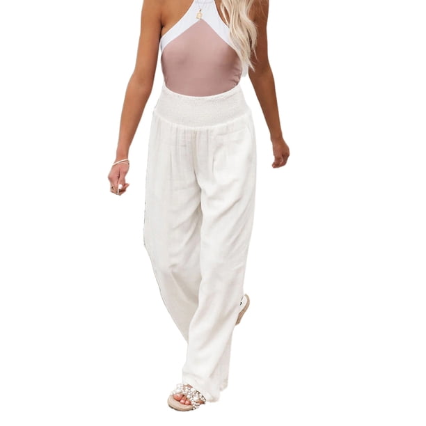 Txlixc Pantalones Largos Sueltos de Verano para Mujer, Pantalones de Pierna Ancha de Playa Fruncidos de Cintura Alta de Color Sólido Estilo Ocio con Bolsillo para Mujer Txlixc Estilo de ocio