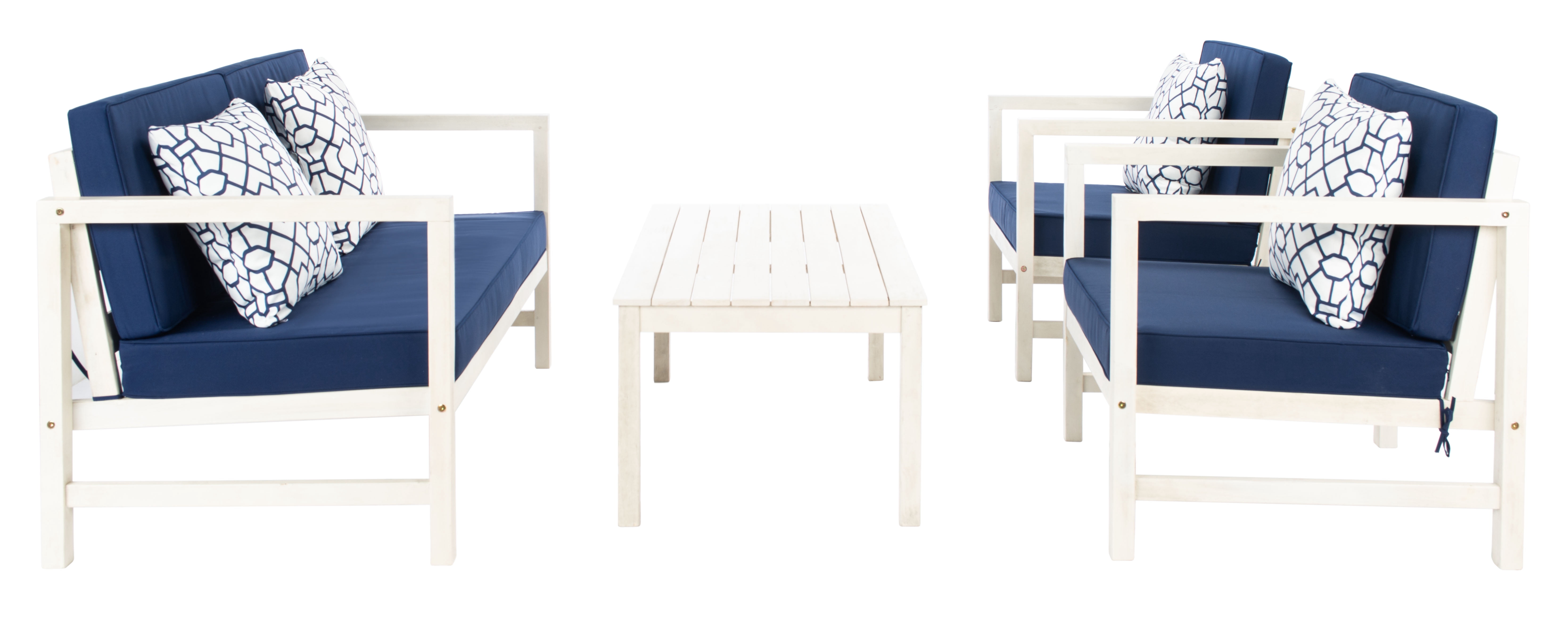 SAFAVIEH Montez Outdoor 4 Pc Conversational Set, White/Navy