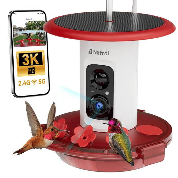 Nafnti Hummingbird Feeder with Camera, Smart Bird Feeder with 3K HD Video, AI Identify 300  Species, Solar Powered Wireless Outdoor Bird Camera, IP65 Waterproof, for Bird Watching Gift