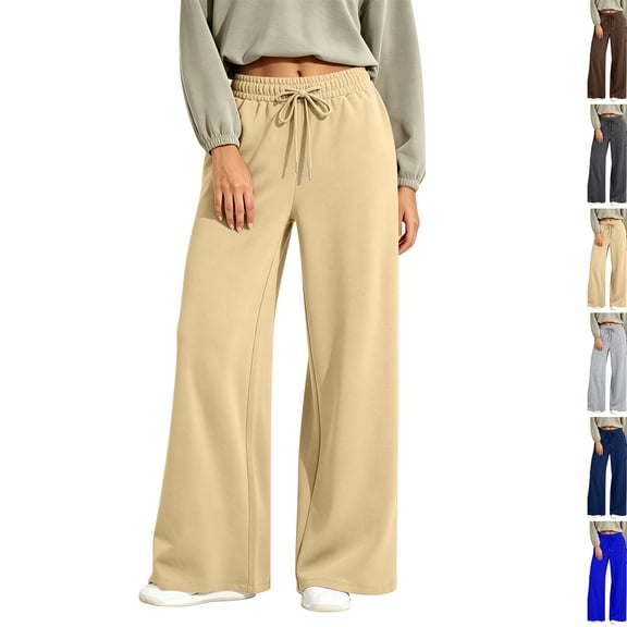 Women's Soft Extra Wide Leg Pants with Pockets Drawstring High Waist Pull-On Casual Sweatpants Baggy Comfy Athletic Joggers Khaki S