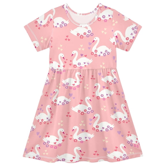 FORMRS Girls Short Sleeve Dress Summer Casual Round Neck A-line Beach Sundress, Sizes 2T-8T, Pink Cartoon Swans Pattern