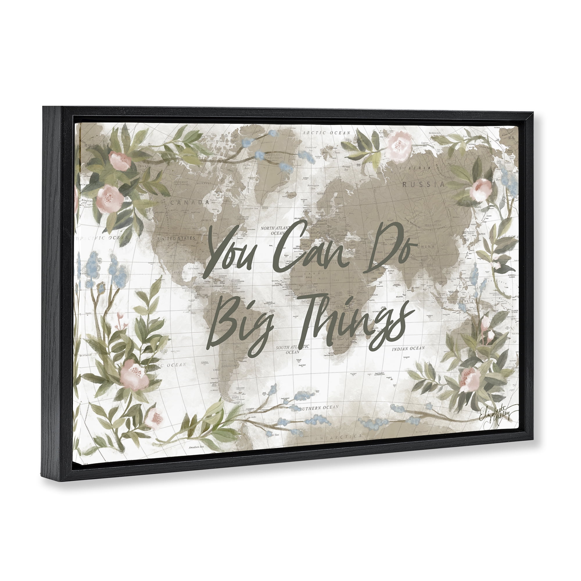 Stupell Industries Inspirational Floral Map Plants & Flowers Painting Black Floater Framed Canvas Art Print Wall Art, 25 x 17