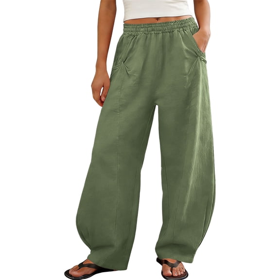 Women's Wide Leg Linen Balloon Pants Drawstring Elastic Waist Pants with Pleated Pockets Casual Flowy Summer Work Pants Green