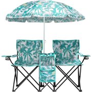 Double Folding Camping Chair W/Umbrella Fold Up Table Beverage Holder Carrying Bag Cooler for Patio Pool Park Outdoor Beach, Picnic, Portable (Pineapple)