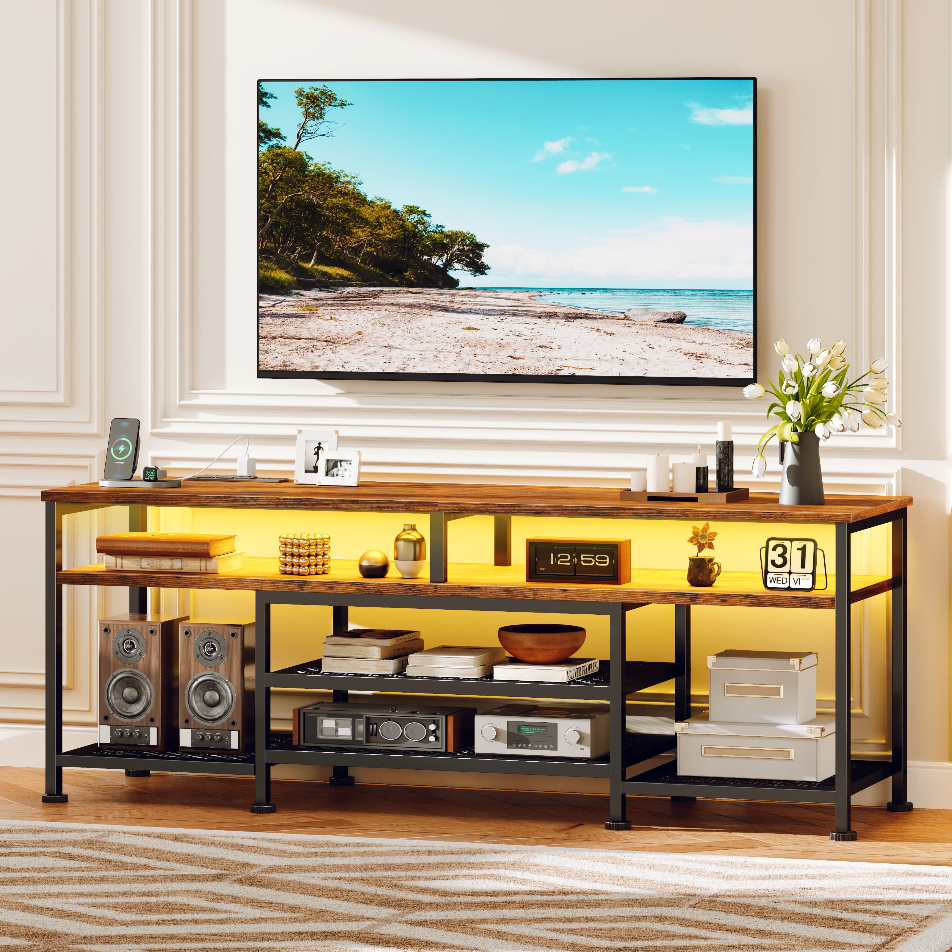Tydimor Modern 70" TV Stand with LED Lighting, Rustic Brown photo 8