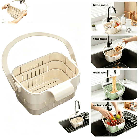 Foldable Hanging Sink Drain Basket, Stretchable No-Drill Sink Colander with Flip Cover, Anti-Clog Fast Draining Space Saving Food Catcher for Fruits Vegetables, Kitchen Organizer