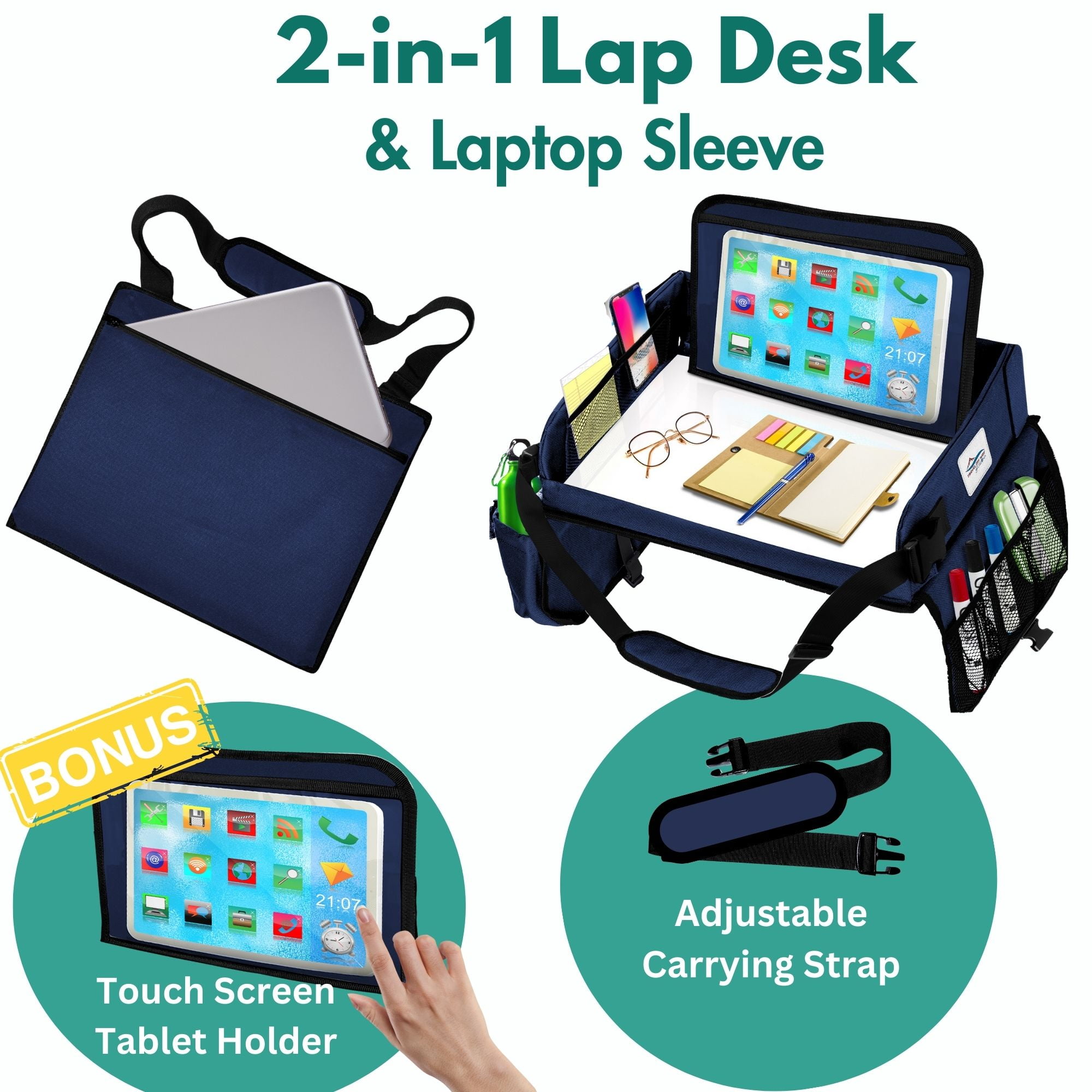 Cerizona Travel Lap Desk - Travel Tray,  Portable Lap Desk for Car, Remote Work, Trips, School - Storage Pockets, Laptop Tablet Sleeve, Adjustable Carrying Strap - Fits up to 15.6-Inch Laptop (Navy)