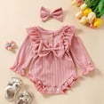 thumbnail image 3 of HWJAD Infant Baby Girl Fall Winter Outfits Clothes Knit Bodysuit Ruffle Bubble Romper with Headband Newborn Coming Home Outfit for Baby Girl, 3 of 9