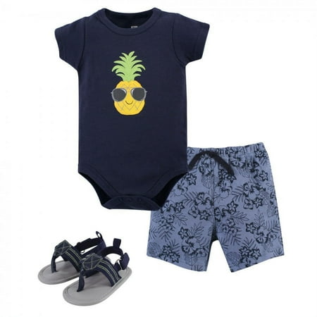 UPC: 0660168533569 | Hudson Baby Infant Boy Cotton Bodysuit  Shorts and Shoe 3pc Set  Pineapple  0-3 Months