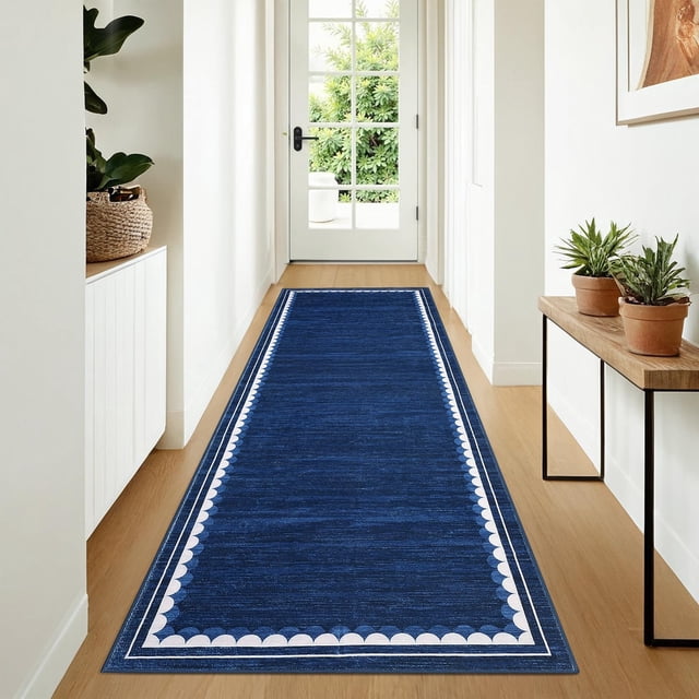 Washable Runner Rug 2x6ft – Soft Non-Slip Low Pile Carpet with Modern Border Design, Neutral Blue – Stain-Resistant Hallway Runner for Entryway, Kitchen and Laundry Room