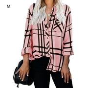 sailomarn Women Long Sleeve Stripe Plaid Shirt Sexy Pocket Blouse Party Travel Beach Photography Top Autumn Clothes Birthday Gifts Pink M
