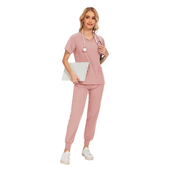 VIAOLI Womens Scrub Set - V-Neck Top and Elastic Waist Jogger Pants for Nursing Workwear, Multiple Colors, Sizes S-XXL