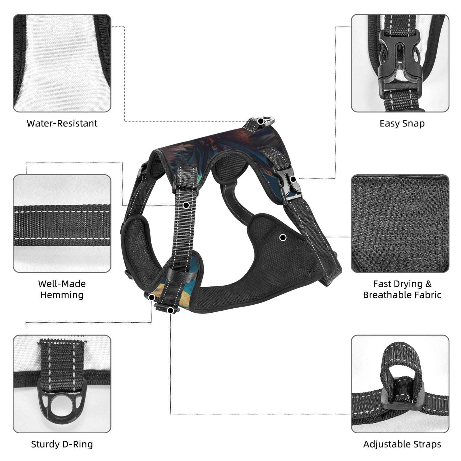Kdxio Starry Sky Moon Wolf Leader Print No Pull Dog Harness Adjustable Reflective Oxford Easy Control Medium Large Dog Harness for Training and Everyday-Medium