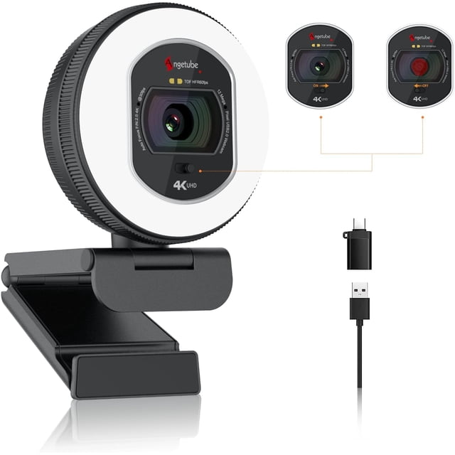 Angetube 4K Webcam with Light for PC, UHD 4K, TOF Auto , Dual AI Noise-Cancelling Mics, 1080p@60FPS, USB Streaming Webcam w/Privacy Cover for Laptop//Desktop/PC Work w/Zoom/Teams/Google Meet