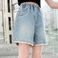 thumbnail image 5 of LangJing Girl's Jean Shorts Summer Trendy Denim Jorts with Pearl Detail Lace Trim Cute Shorts High Waist Straight Leg Jeans 5-15Y Light Blue,7-8Years, 5 of 6