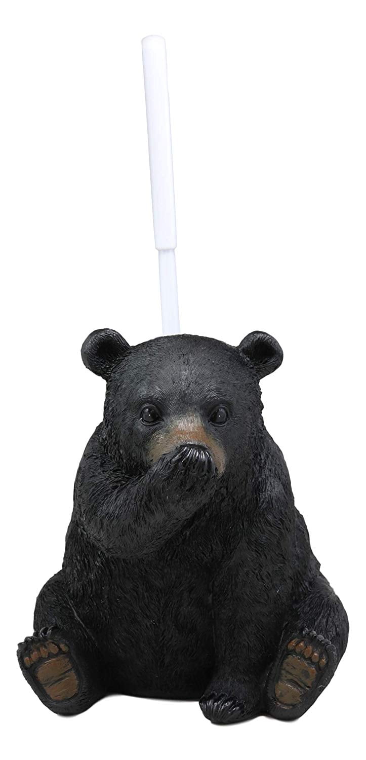 Rustic Whimsical Black Bear Covering Nose Toilet Brush And Holder Figurine Set
