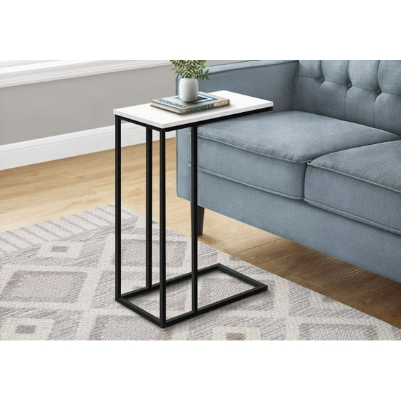 Accent Table in C-shape for Living Room, Bedroom, with White Laminate and Black Metal, Modern Contemporary Style