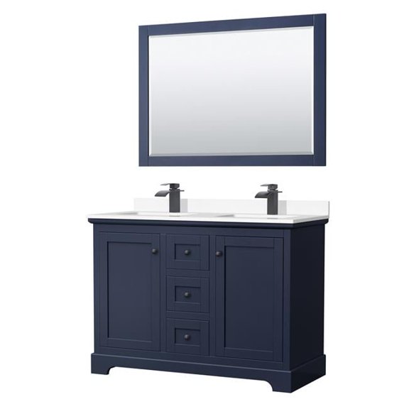 Wyndham Collection  48 in. Avery Double Bathroom Vanity with White Cultured Marble Countertop, Undermount Square Sinks, Matte Black Trim & 46 in. Mirror - Dark Blue